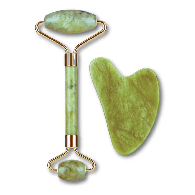 Kit Rolo Massageador Facial + Gua Sha de Pedra Jade